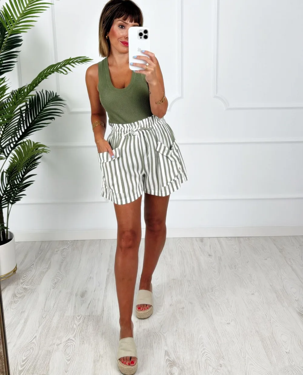Short bolsillos rayas kaki - Imagen 2