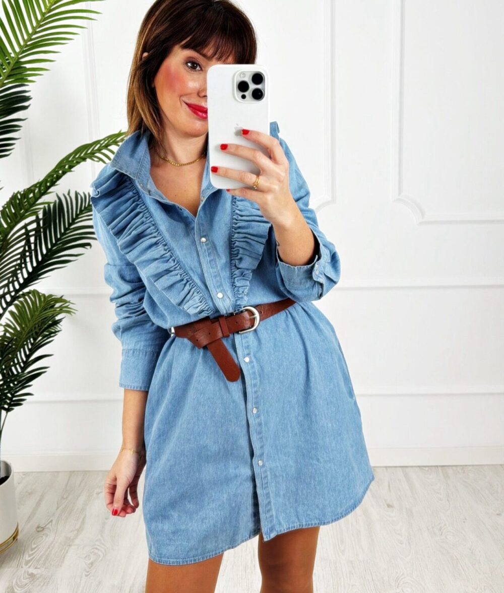 Vestido denim volantes cinturón - Imagen 2