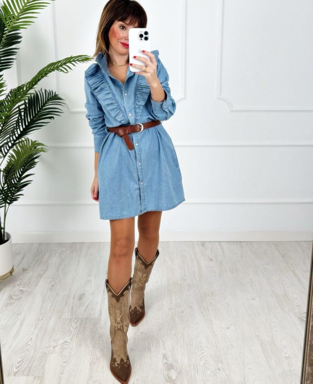 Vestido denim volantes cinturón