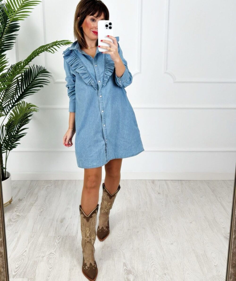 Vestido denim volantes cinturón - Imagen 3