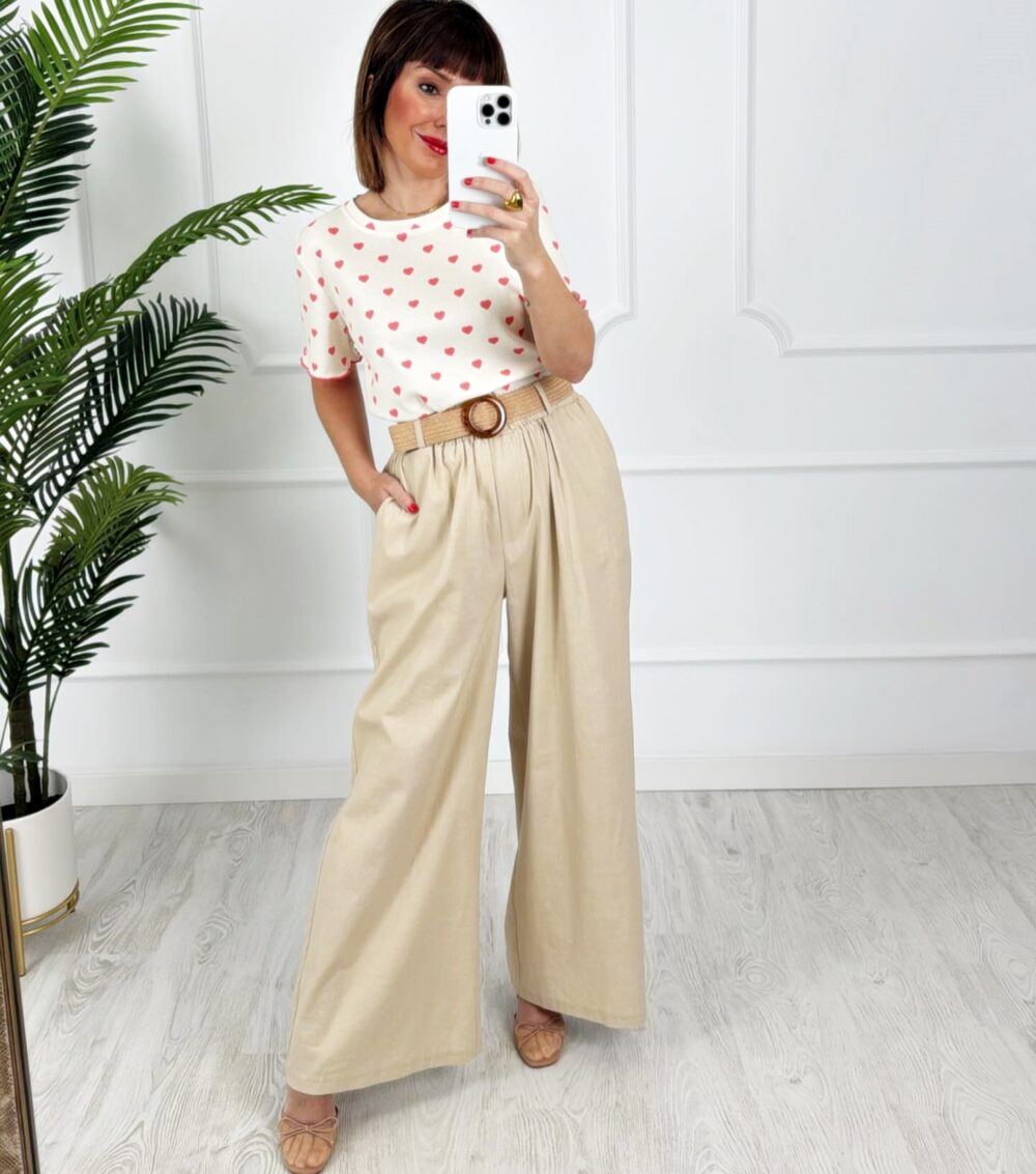 Pantalón ancho cinturón beige