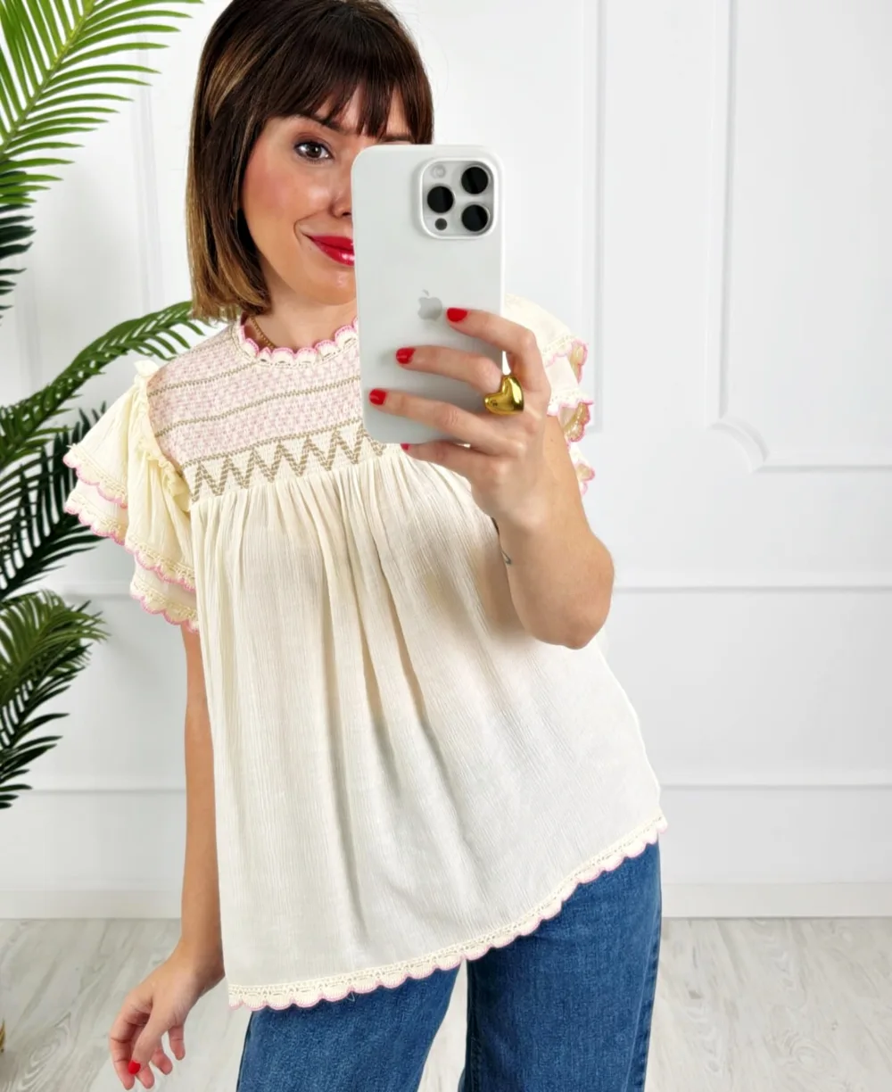 Blusa bordados beige rosa