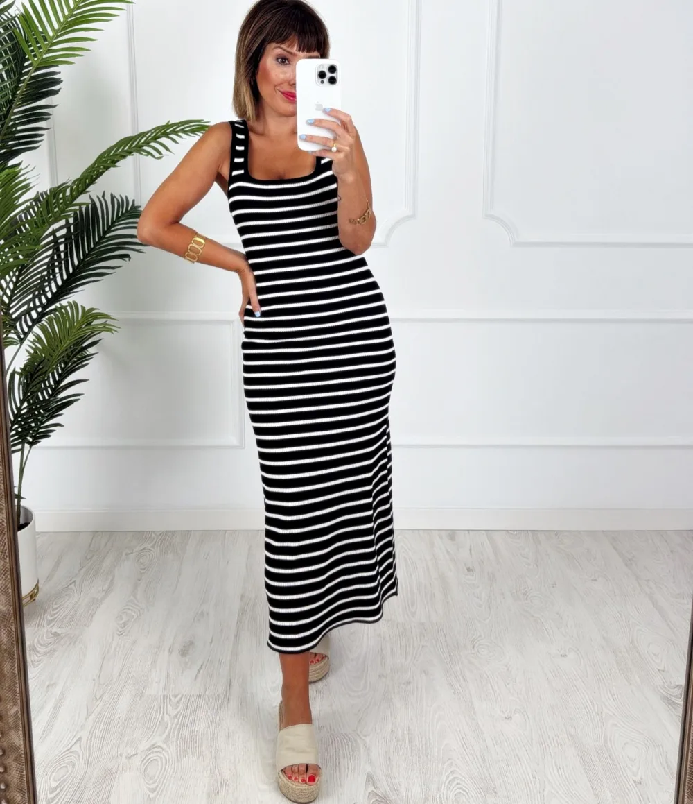 Vestido canalé rayas negro
