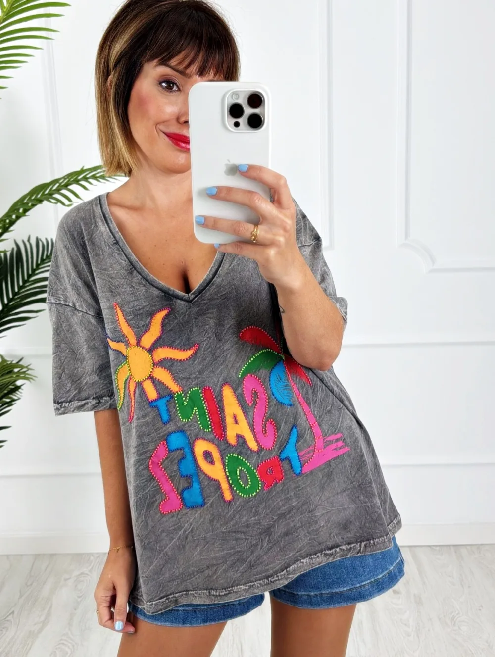 Camiseta Saint Tropez abalorios gris