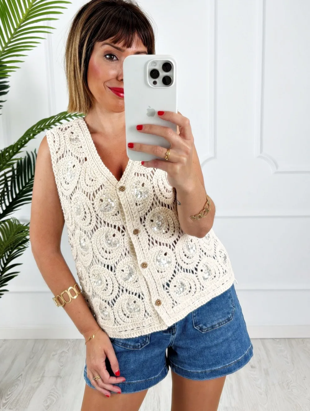 Chaleco crochet lentejuelas beige