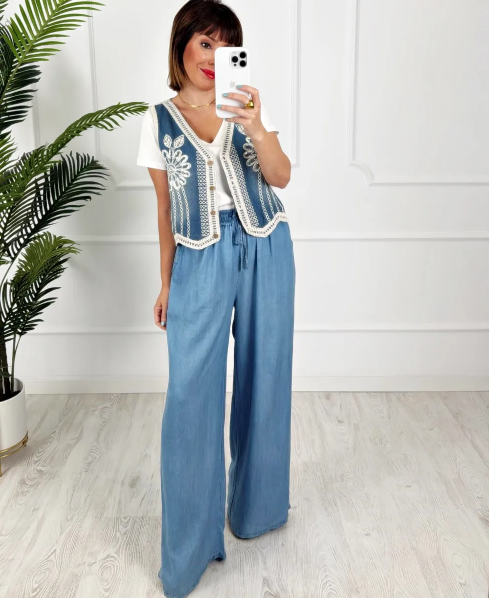 Chaleco denim crochet lentejuelas - Imagen 3