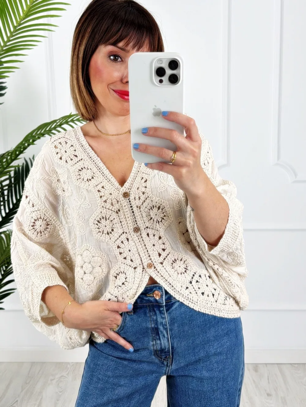 Chaqueta combinada crochet beige