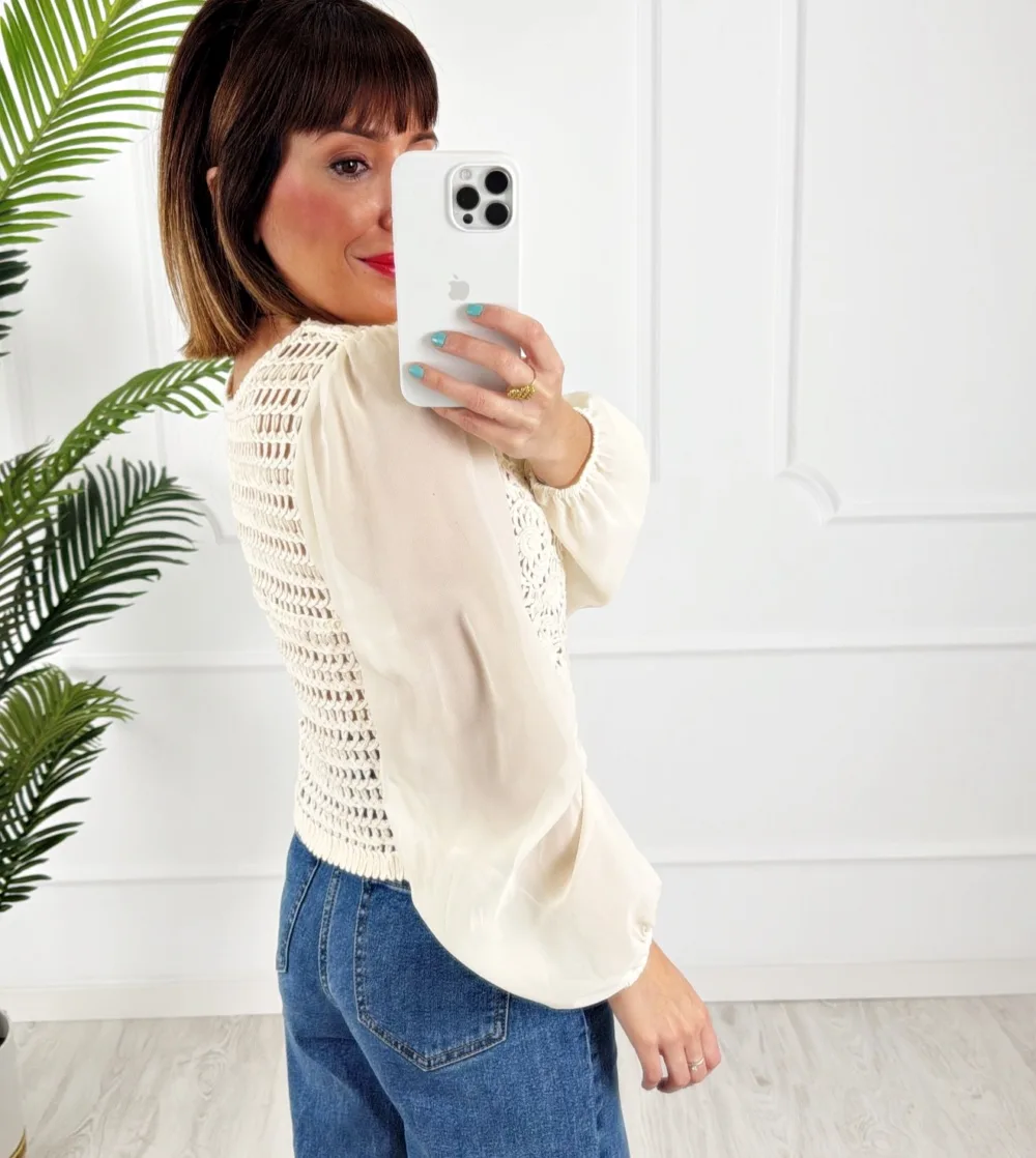 Top combinado crochet beige - Imagen 2