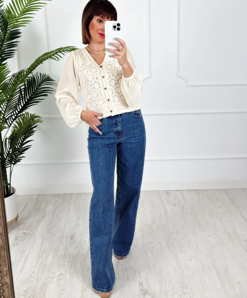 Top combinado crochet beige - Imagen 3