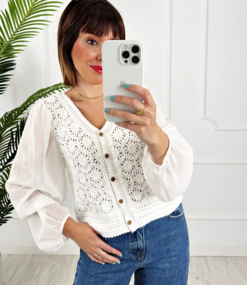 Top combinado crochet blanco