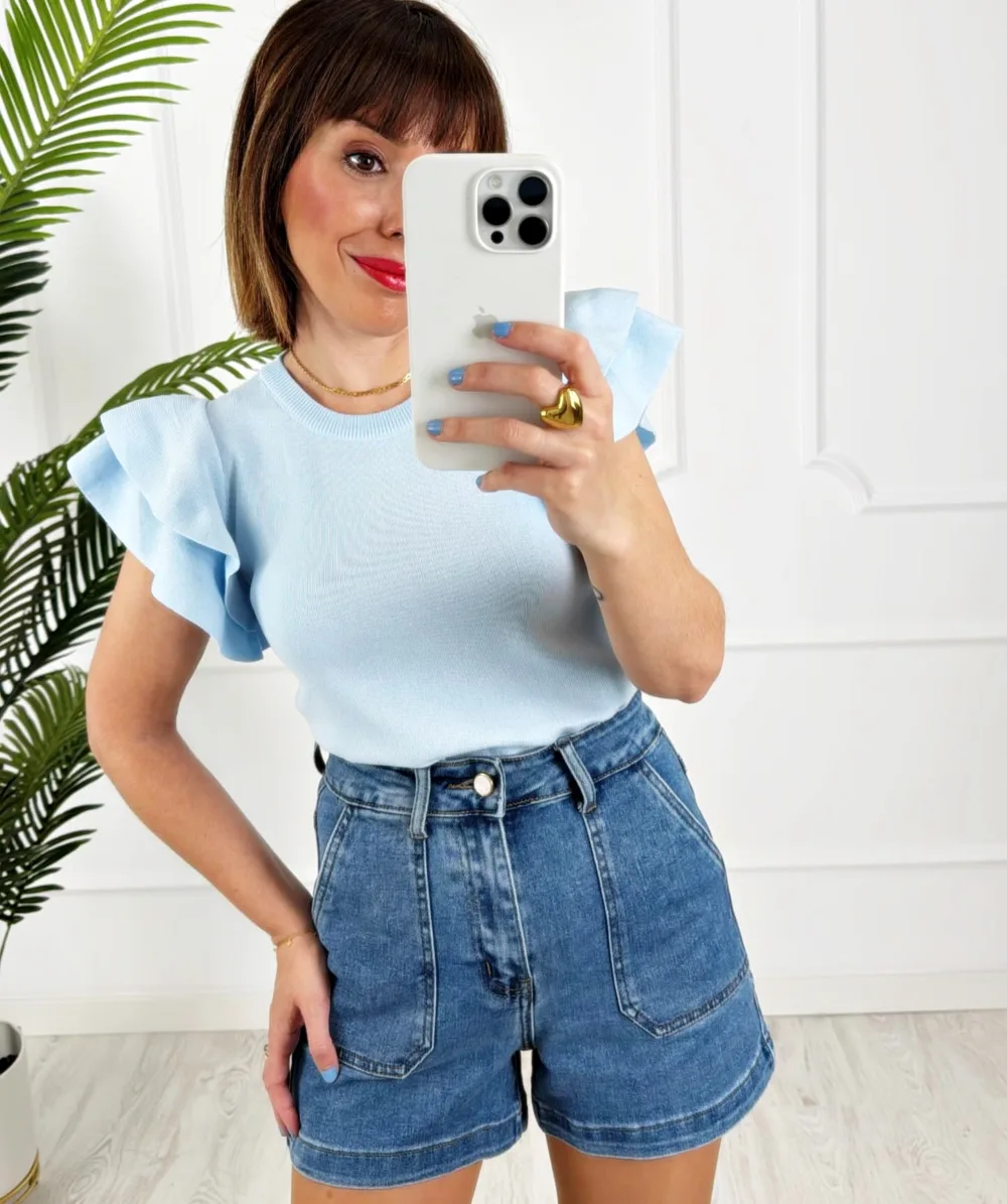 Camiseta doble volante azul claro
