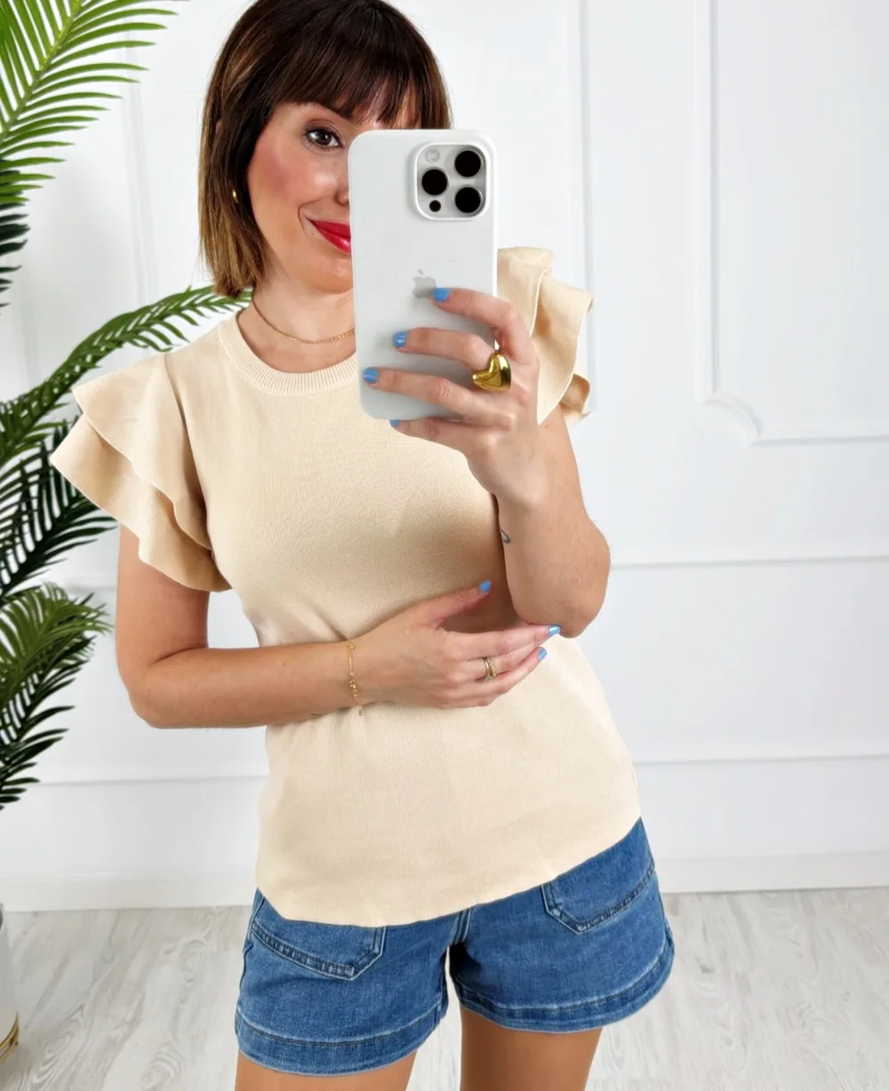 Camiseta doble volante beige - Imagen 2