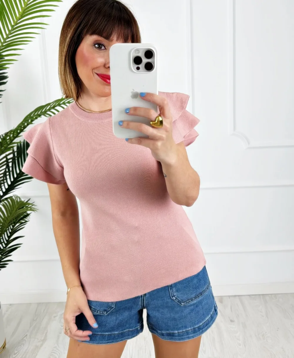 Camiseta doble volante rosa - Imagen 3