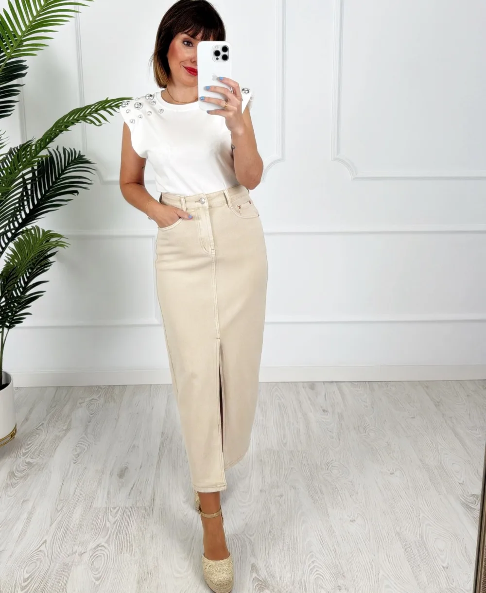 Falda larga abertura beige