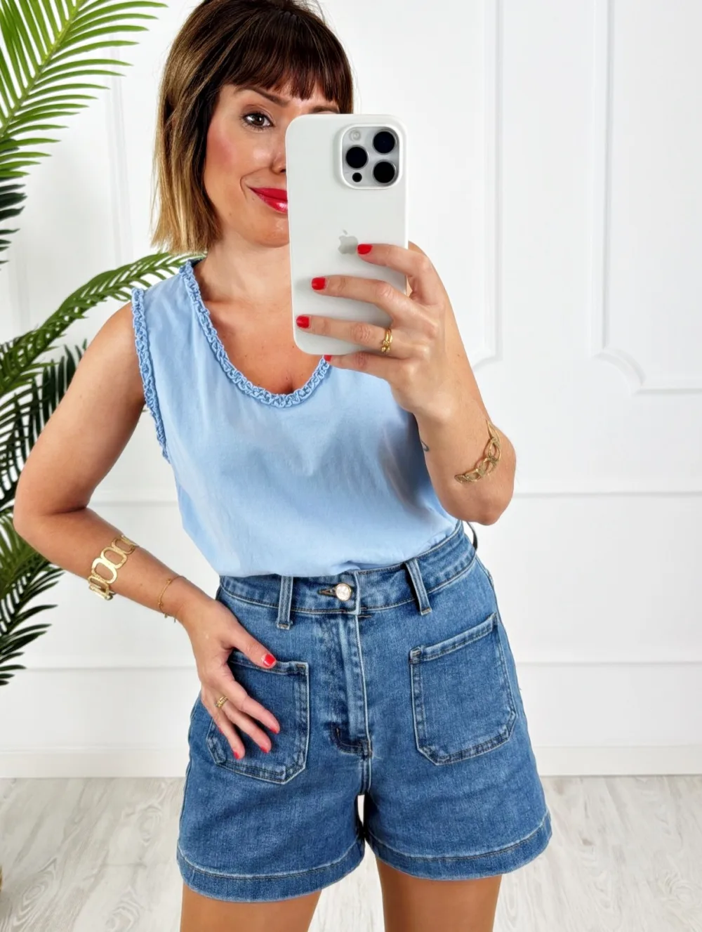 Camiseta tirante rizo azul