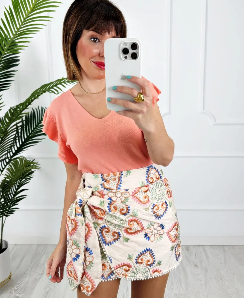 Camiseta pico volantes mandarina