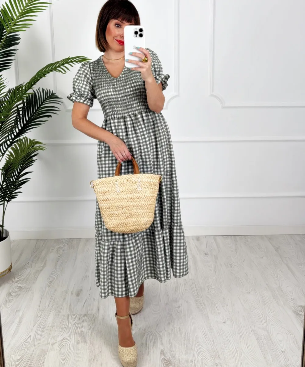 Vestido vichy kaki - Imagen 3