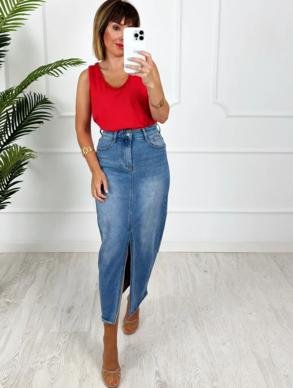Falda larga abertura denim azul