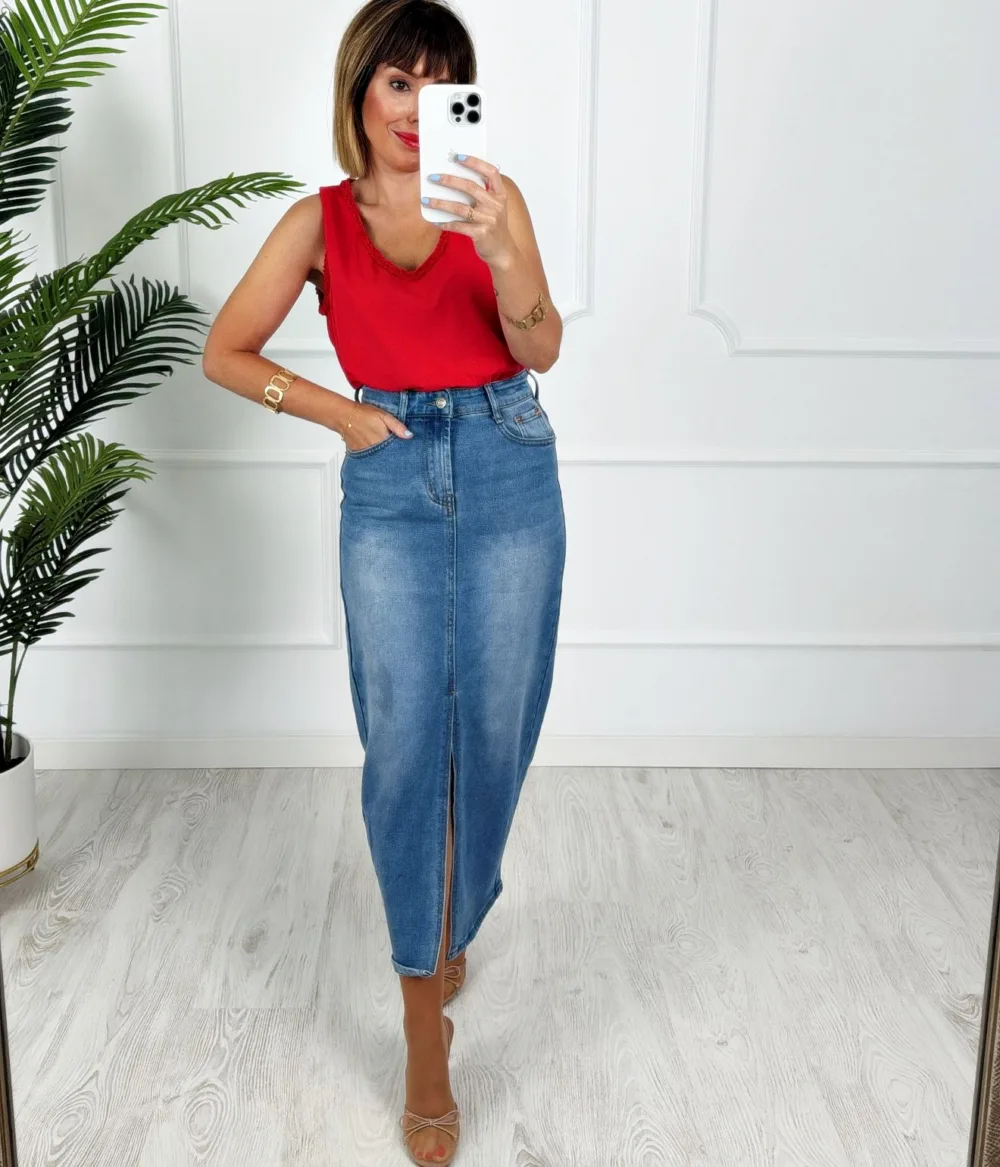 Falda larga abertura denim azul - Imagen 2