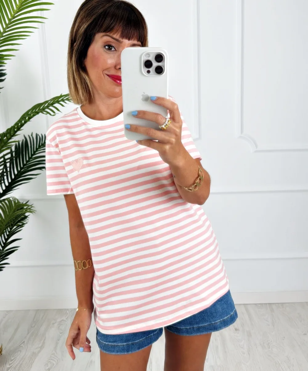Camiseta rayas corazón bordado melocotón - Imagen 2
