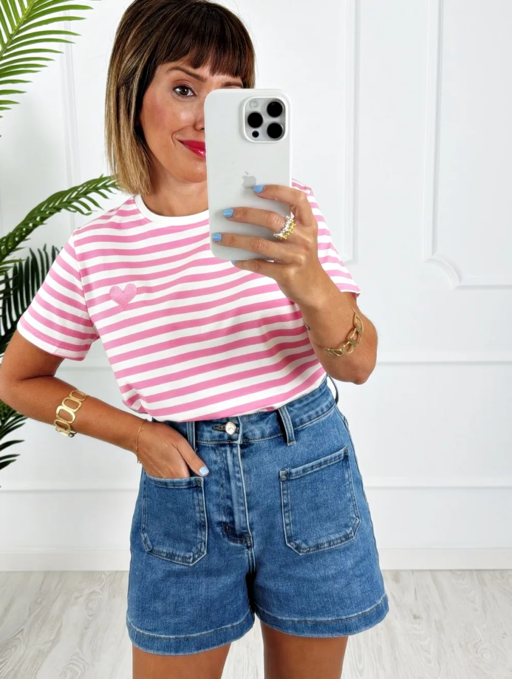 Camiseta rayas corazón bordado rosa