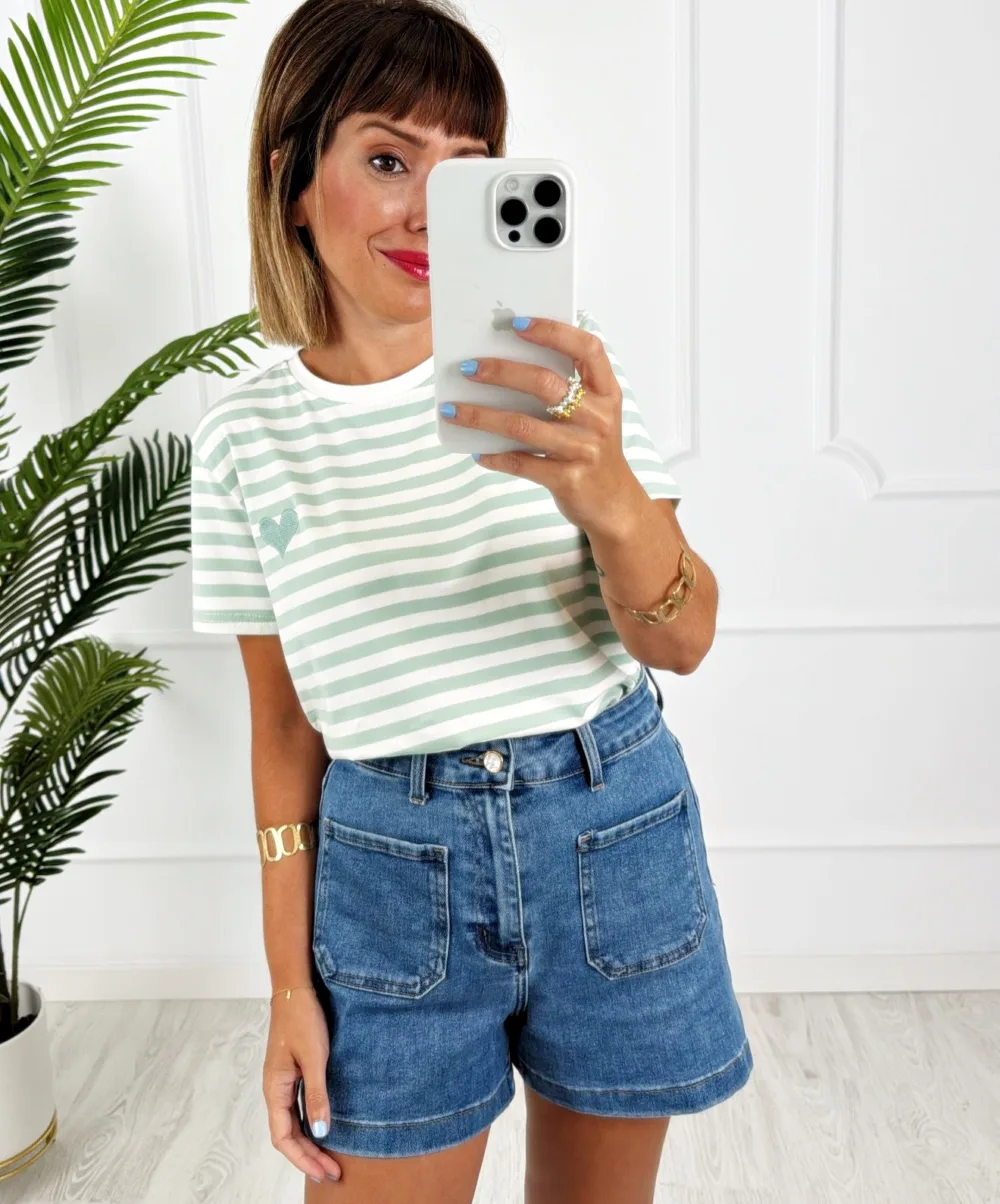 Camiseta rayas corazón bordado verde agua