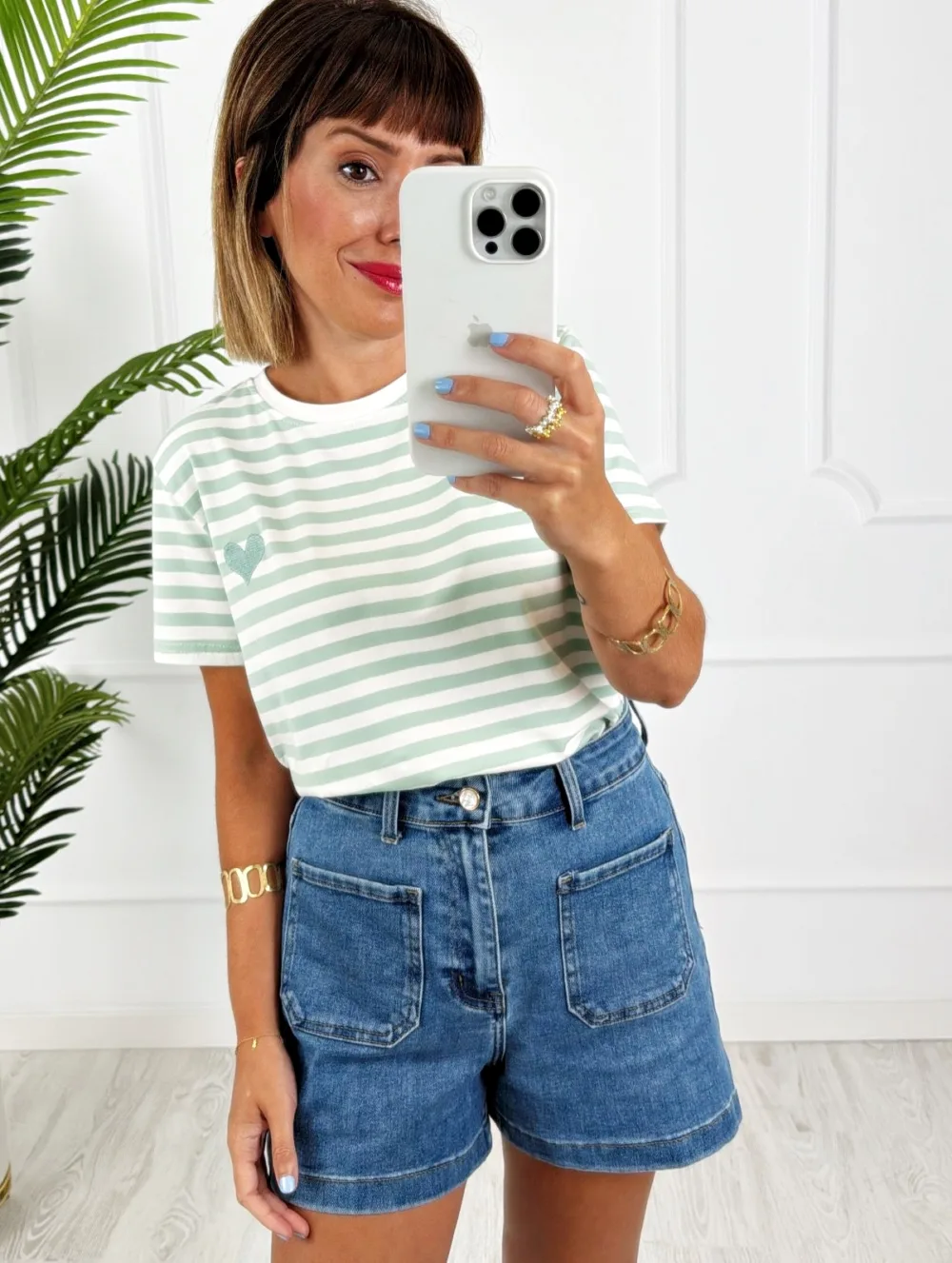 Camiseta rayas corazón bordado verde agua