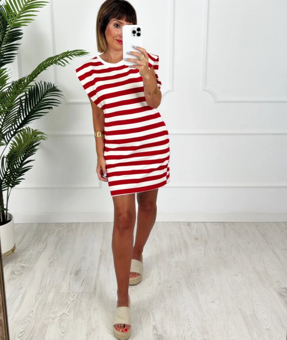 Vestido hombreras franjas rojo - Imagen 3