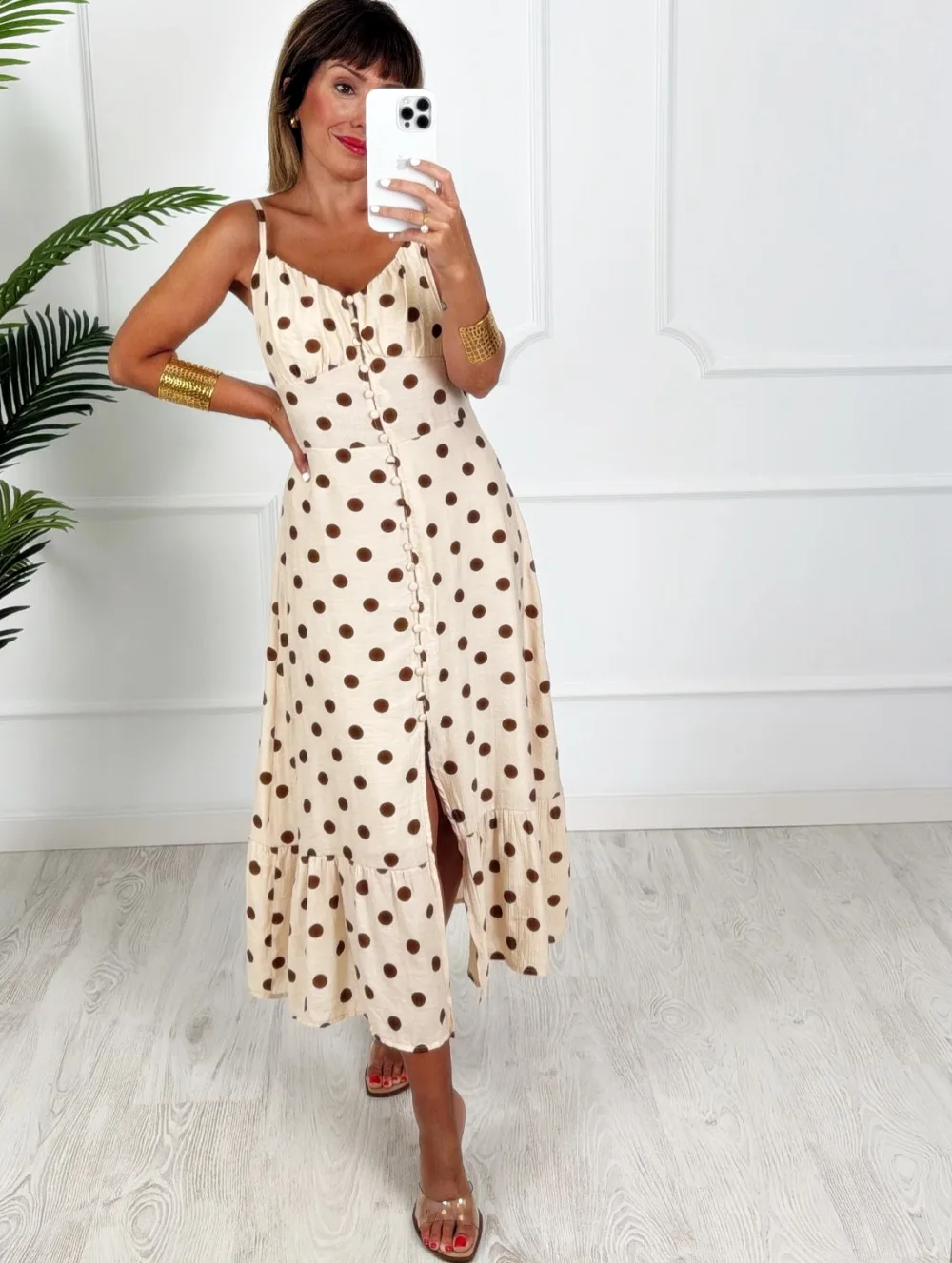 Vestido lunares beige