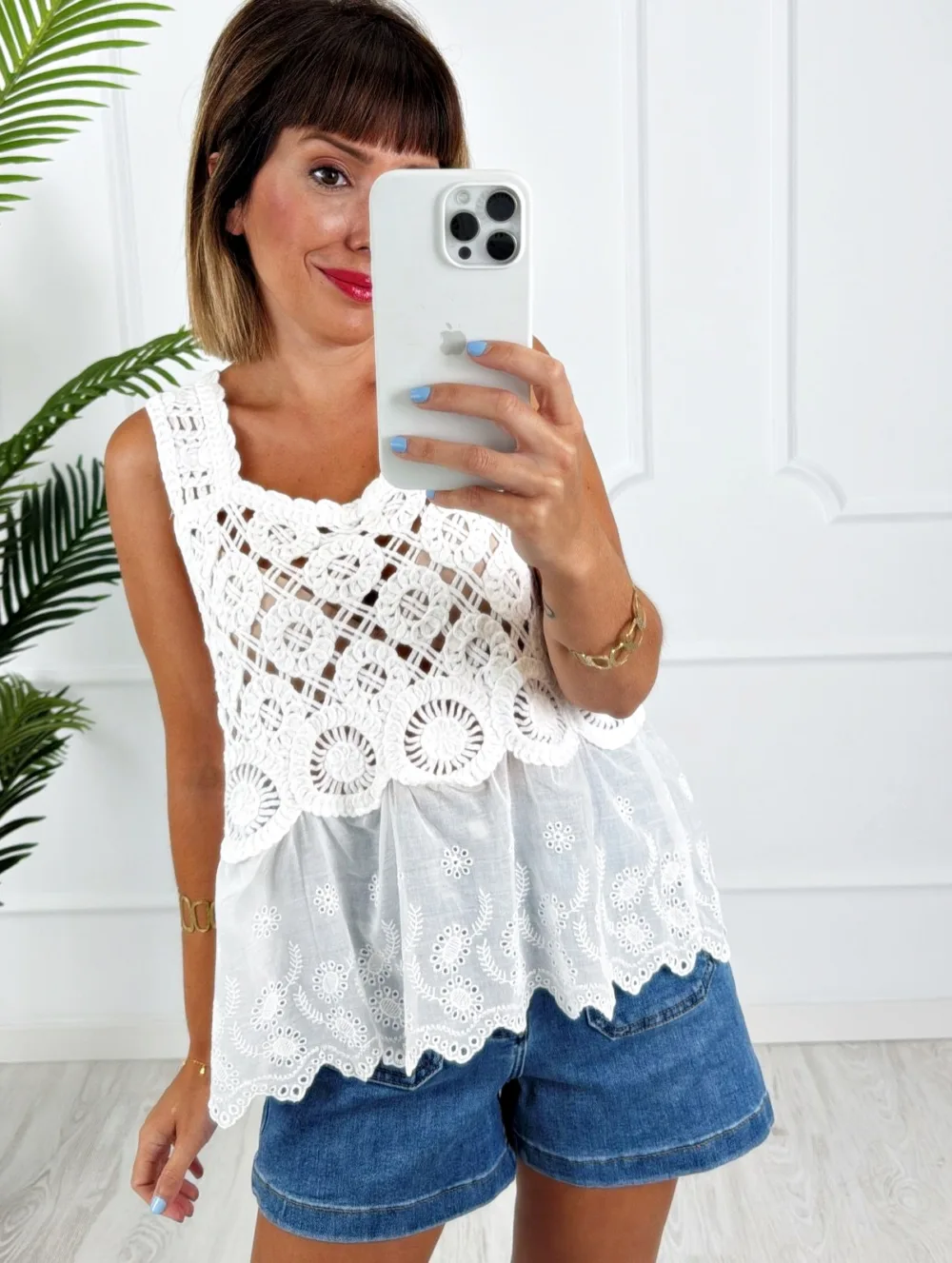 Top combinado crochet blanco