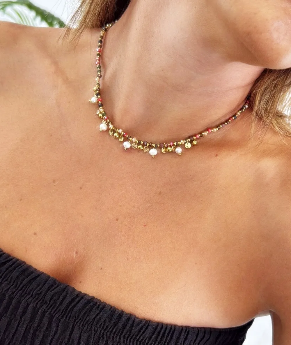 Collar acero cristal perlas beige