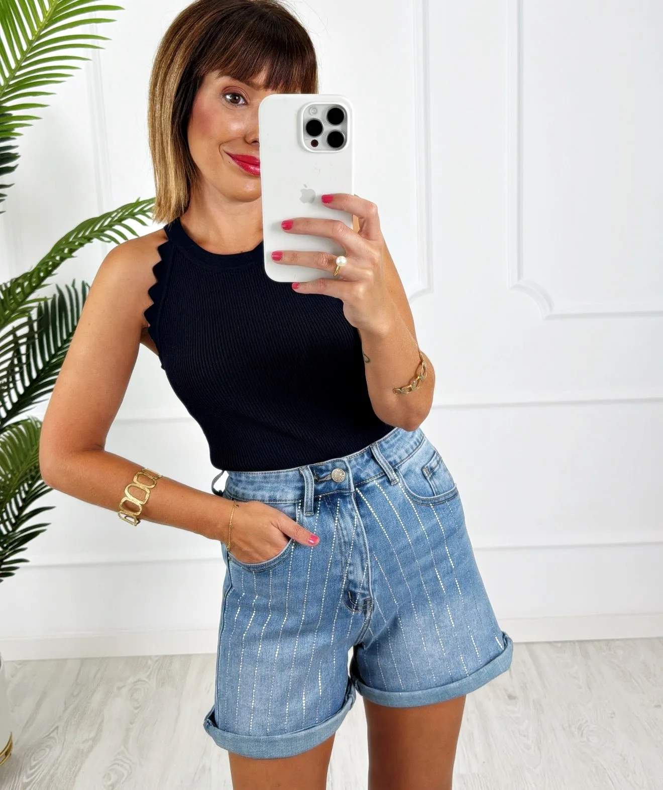 Short denim rayas strass - Imagen 3