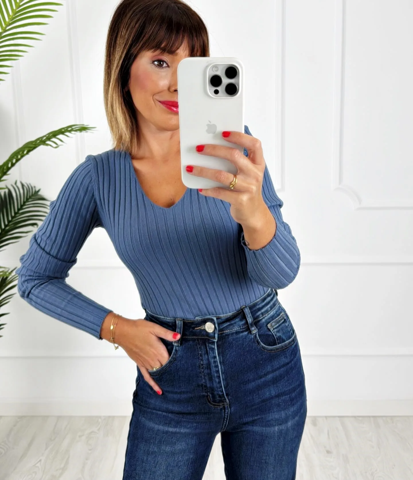 Camiseta canalé azul jeans - Imagen 2