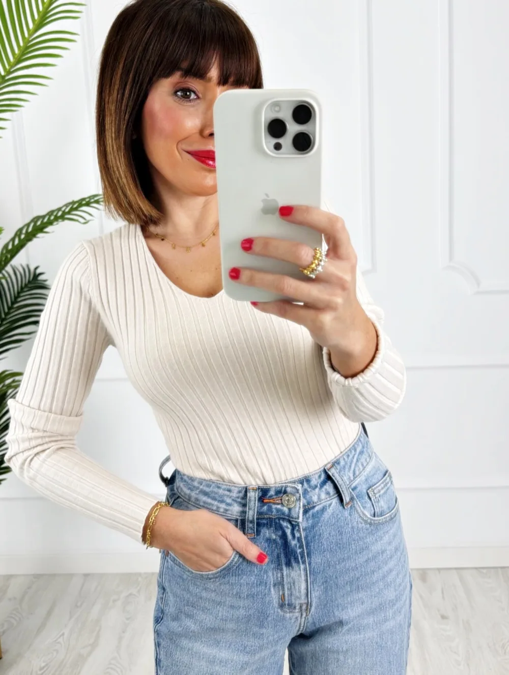 Camiseta canalé beige