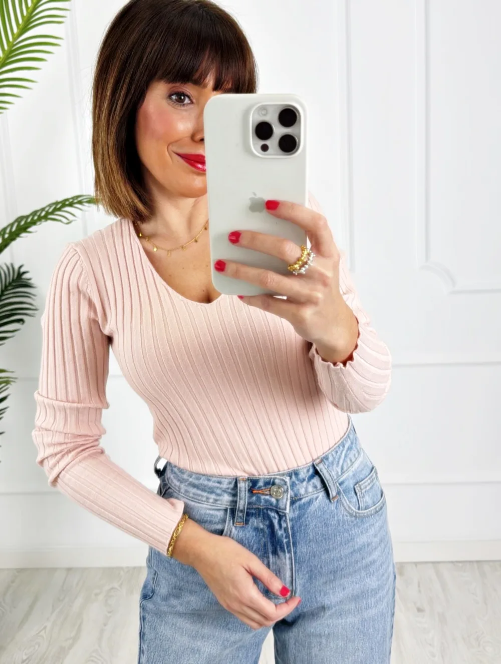 Camiseta canalé rosa bebé