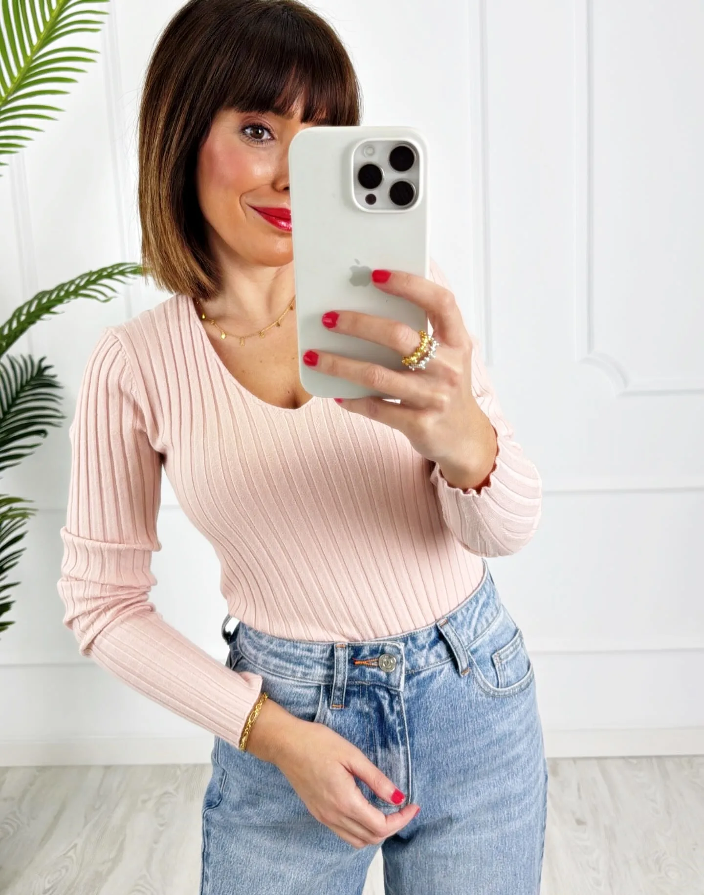 Camiseta canalé rosa bebé