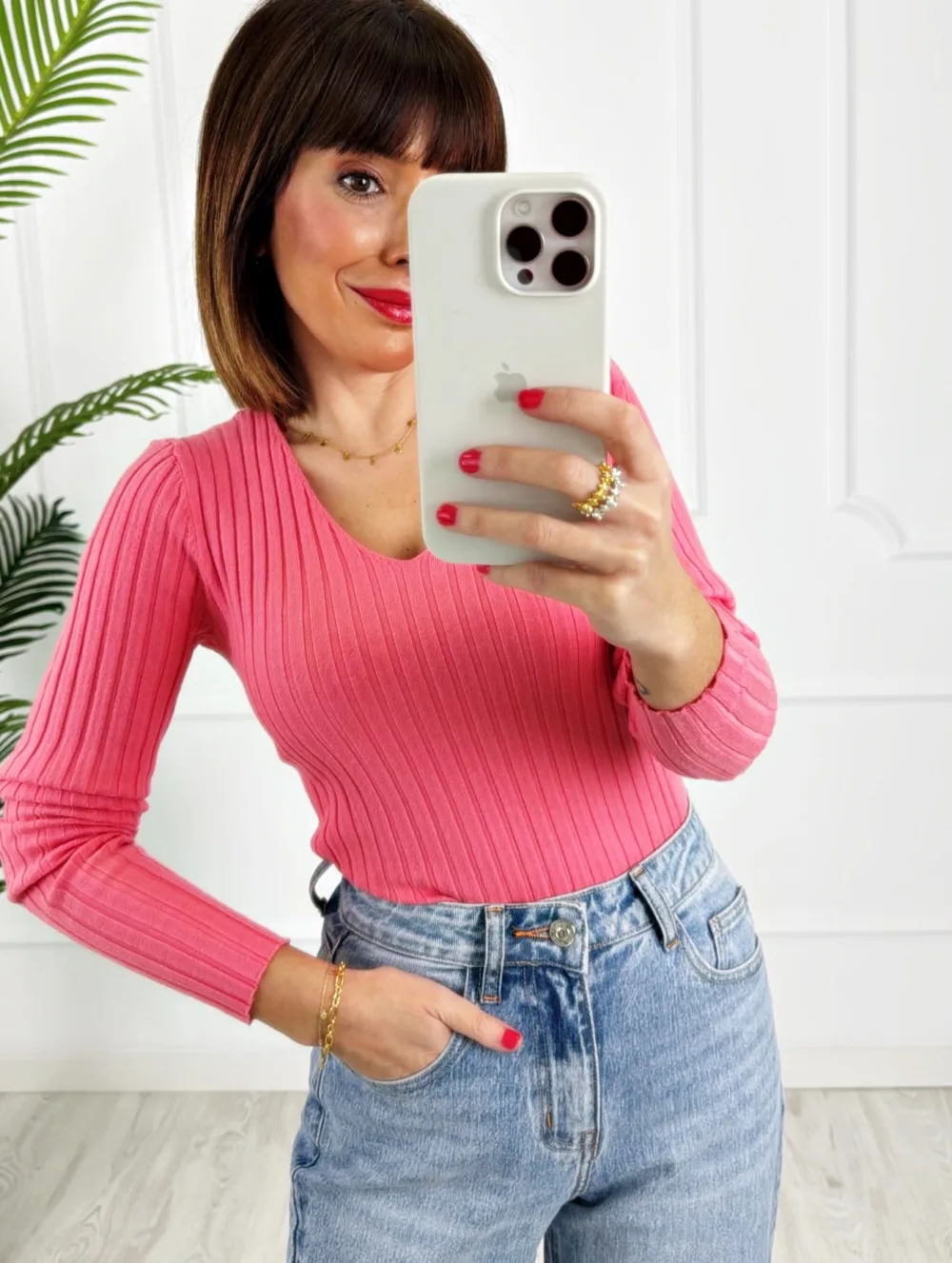 Camiseta canalé rosa coral