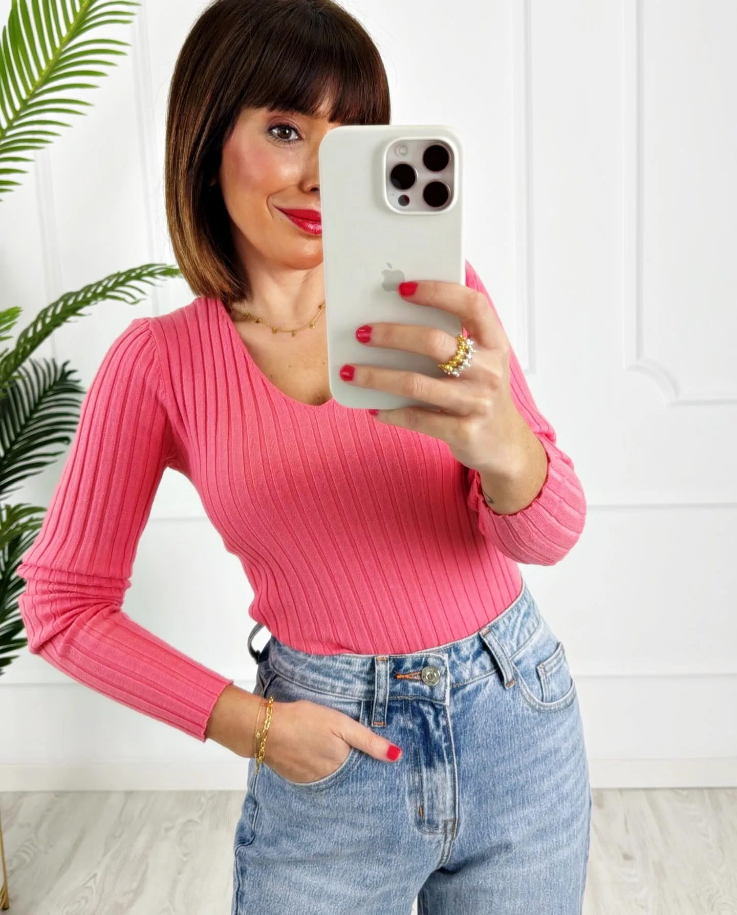Camiseta canalé rosa coral
