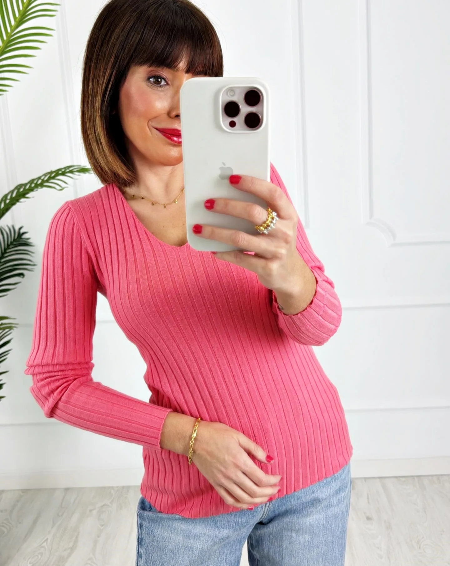 Camiseta canalé rosa coral - Imagen 2