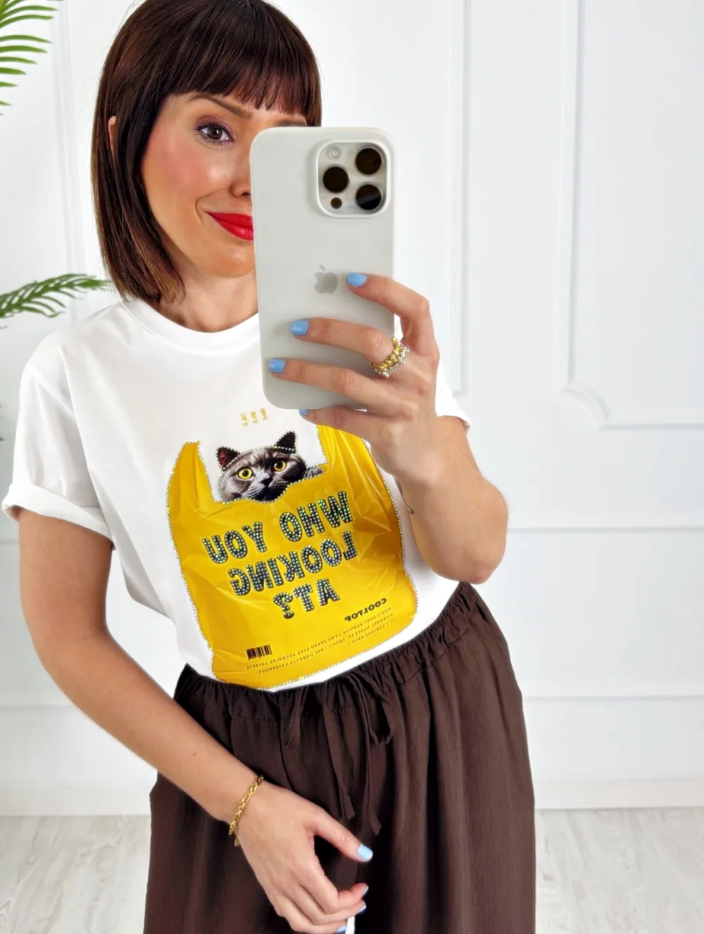 Camiseta gato bolsa strass