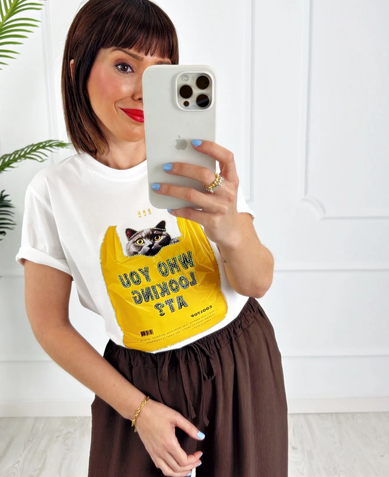 Camiseta gato bolsa strass
