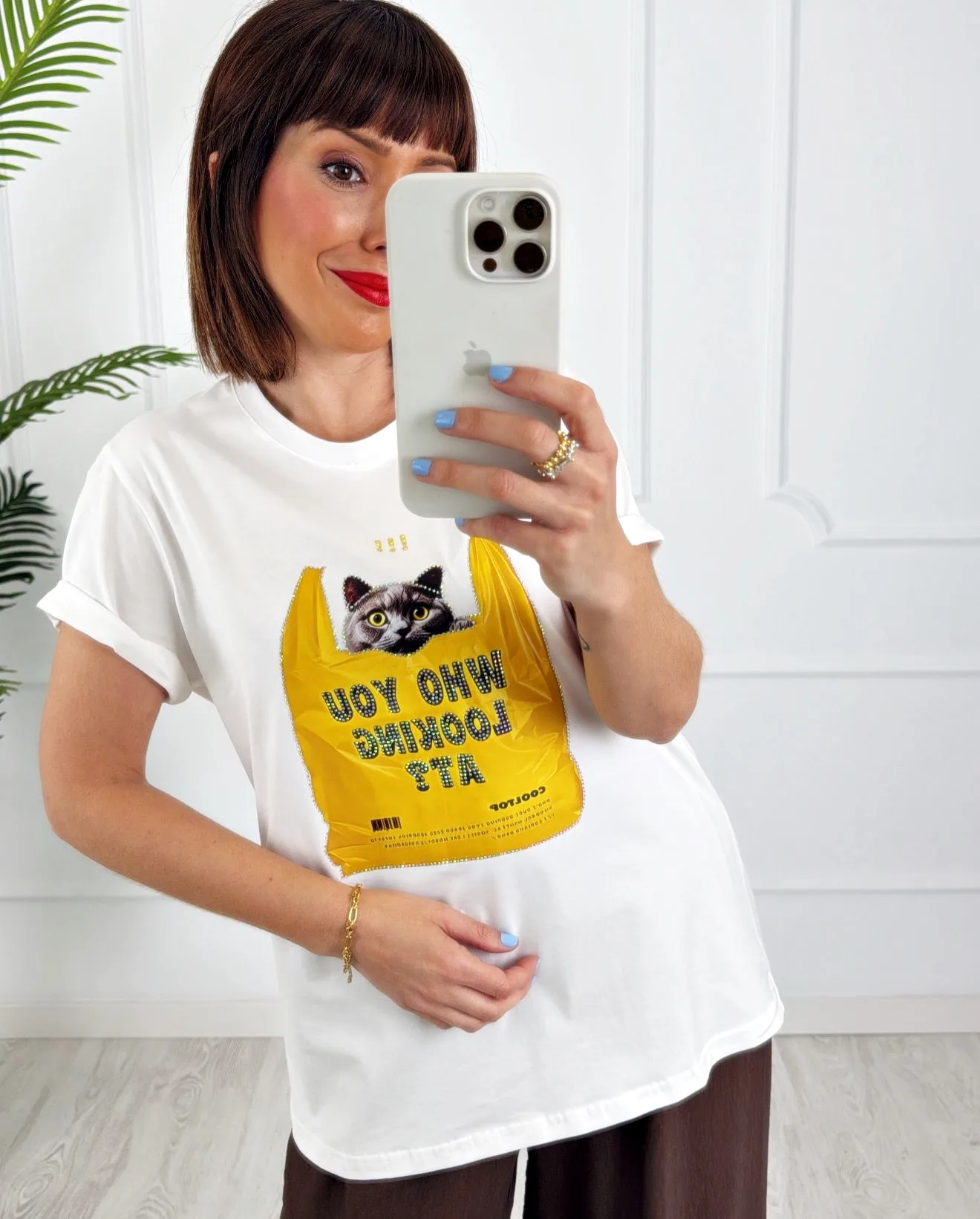 Camiseta gato bolsa strass - Imagen 2