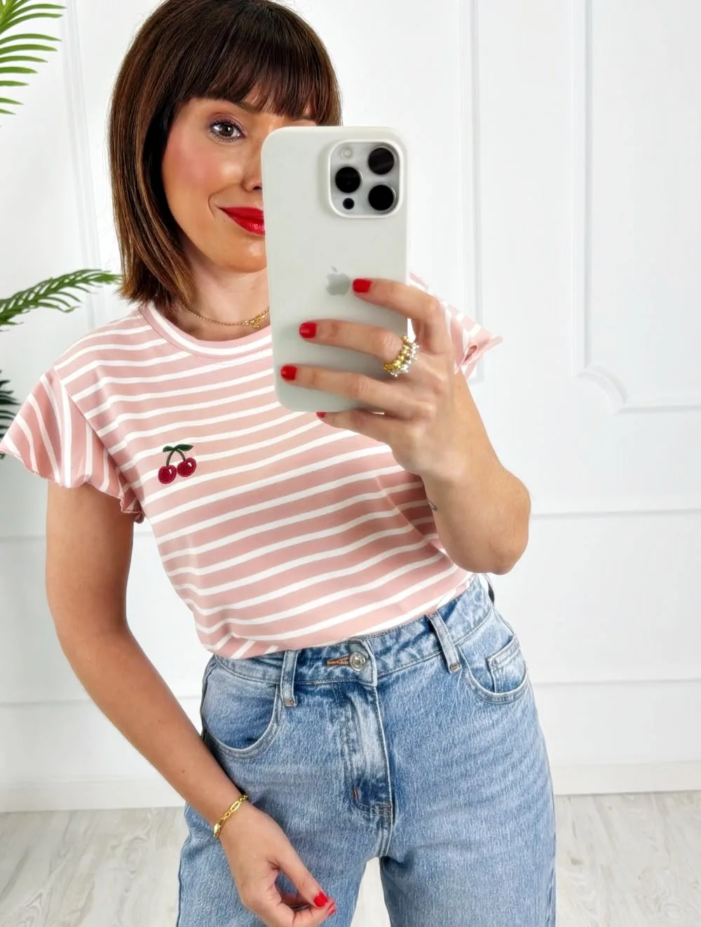 Camiseta rayas cerezas rosa