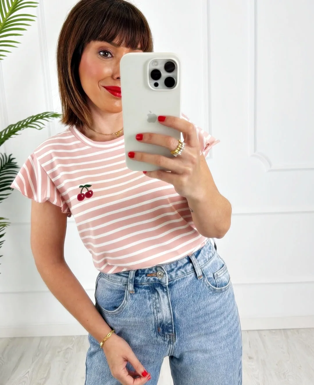 Camiseta rayas cerezas rosa