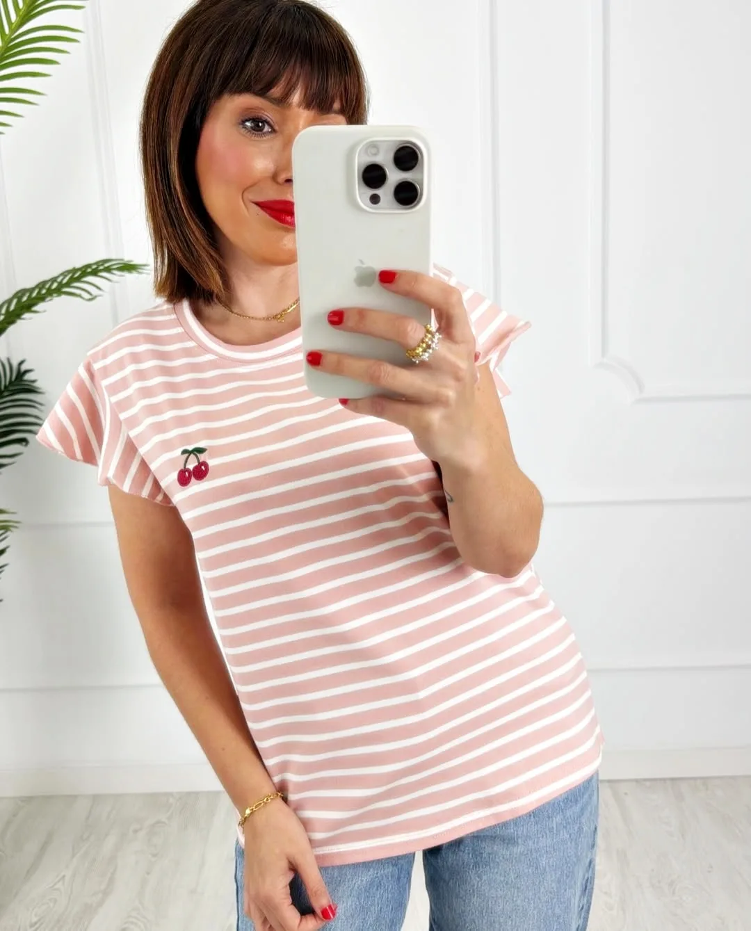 Camiseta rayas cerezas rosa - Imagen 2