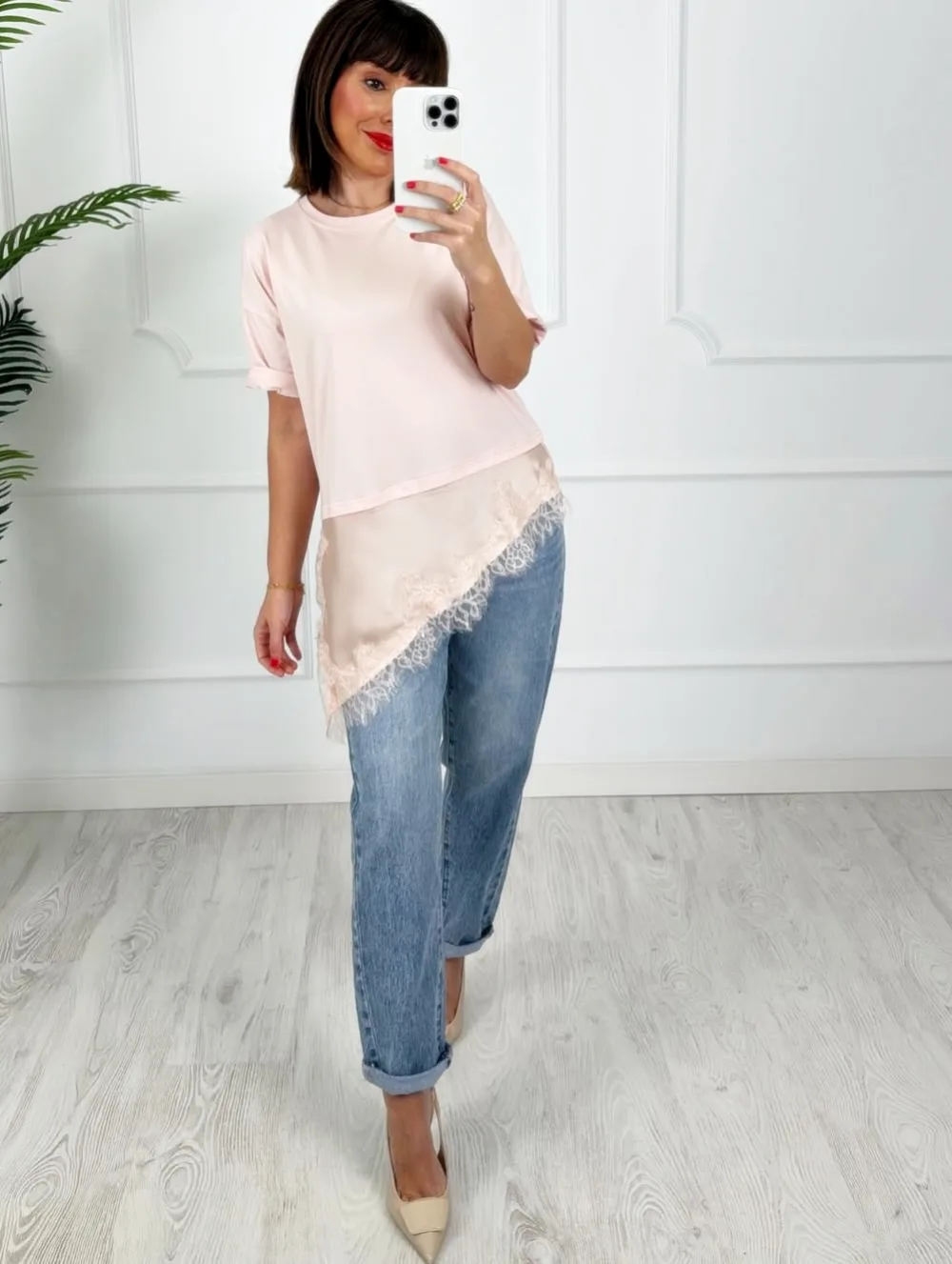 Camiseta combinada encaje rosa bebé