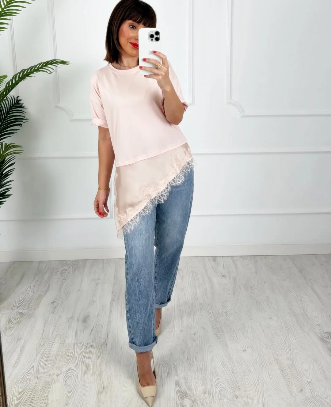 Camiseta combinada encaje rosa bebé