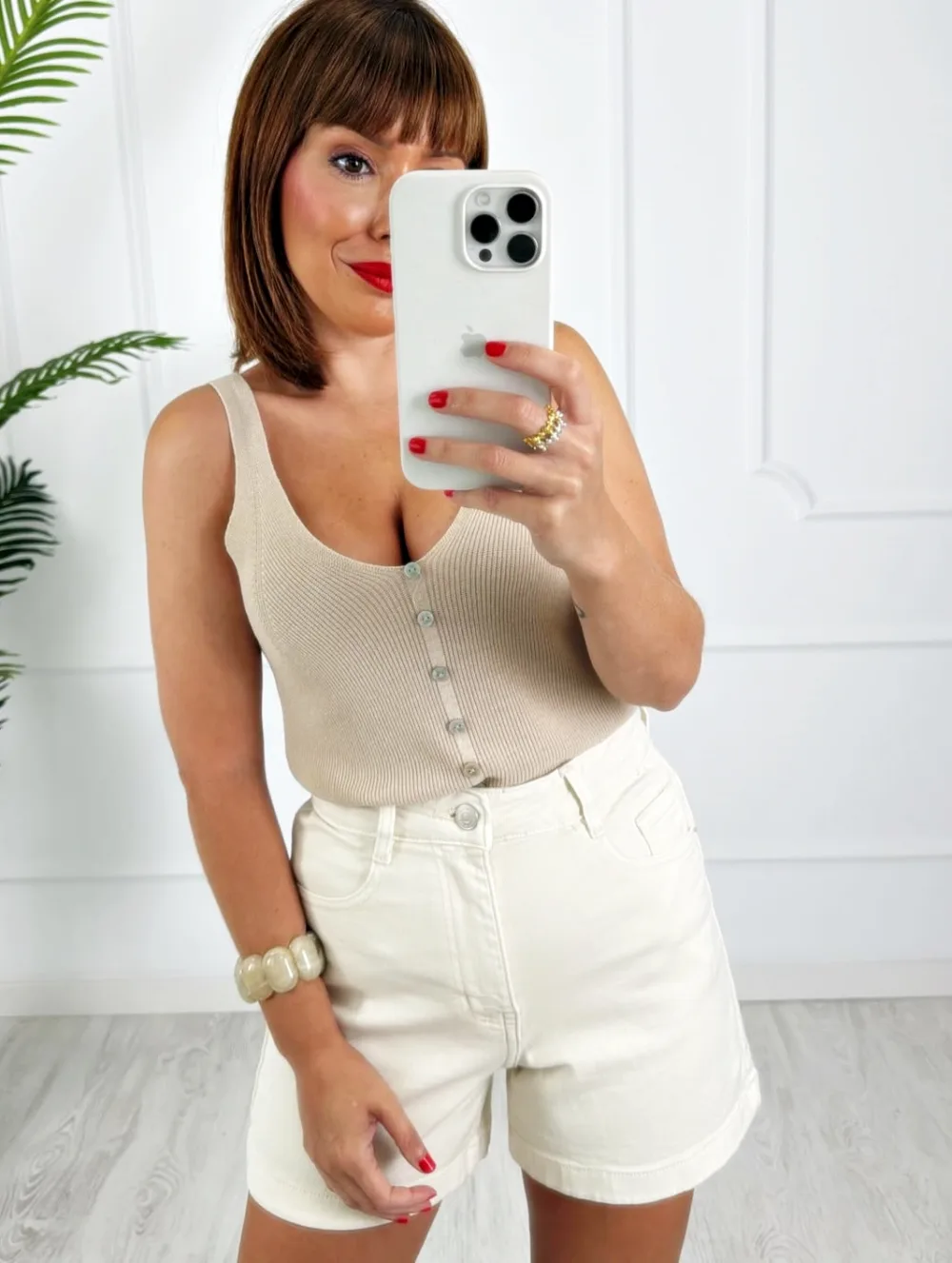 Camiseta punto botones beige