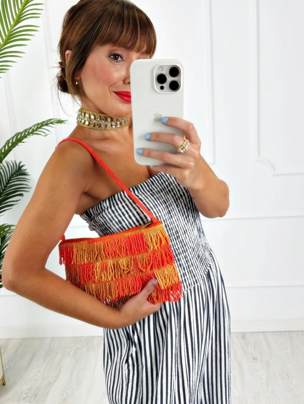 Bolso abalorios flecos naranja