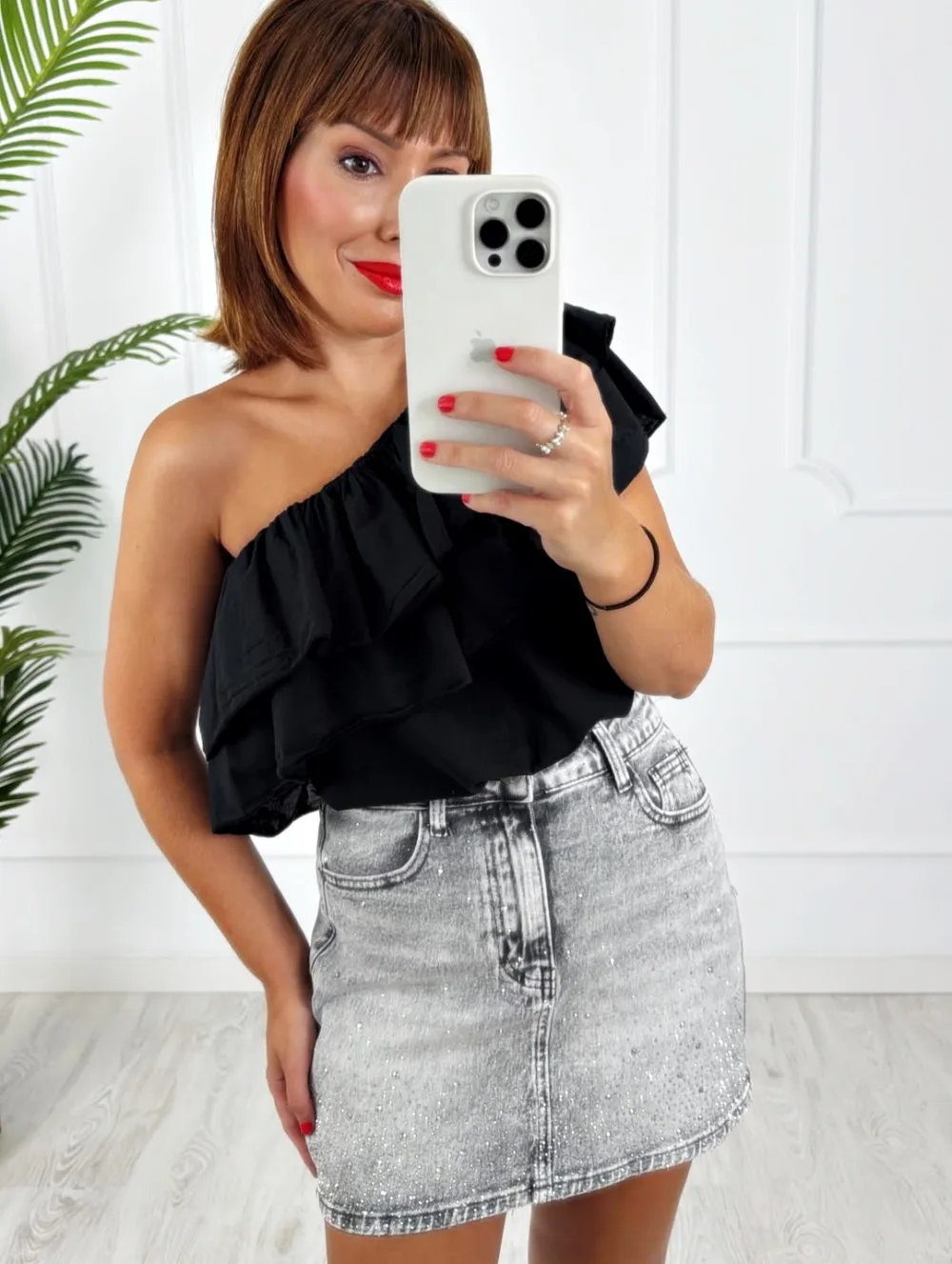 Falda denim strass gris
